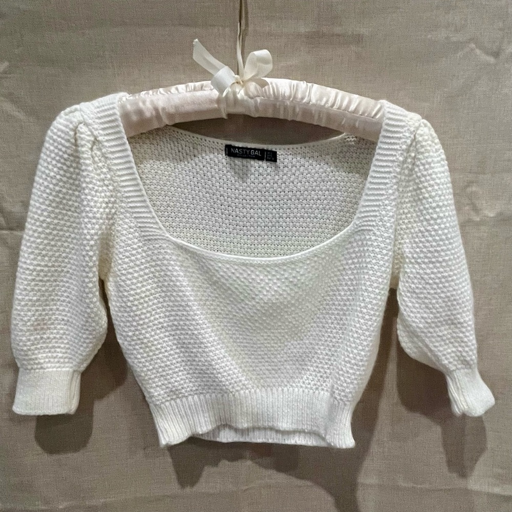 Nasty Gal Cream Knit Cropped Sweater. Flirty Boho Style/Y2K style